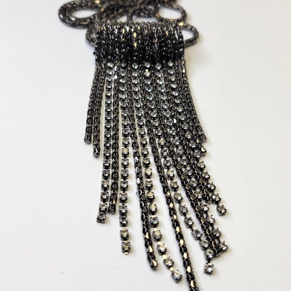 Gunmetal Tone Long Necklace with Crystals Tassels - Picture 7 of 15